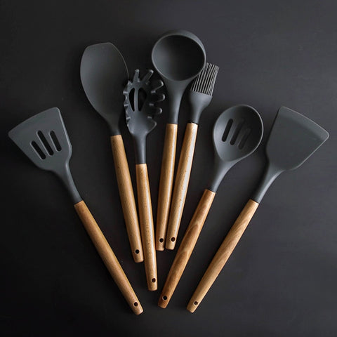 10Pcs/Set Wood Handle Food Grade Silicone Kitchenware