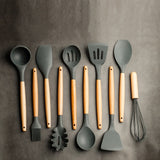 10Pcs/Set Wood Handle Food Grade Silicone Kitchenware